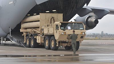 The Terminal High Altitude Area Defense (THAAD) mobile ballistic missile interception system being loaded by the U.S. Air Force for delivery to Israel. Credit: U.S. Army Europe.