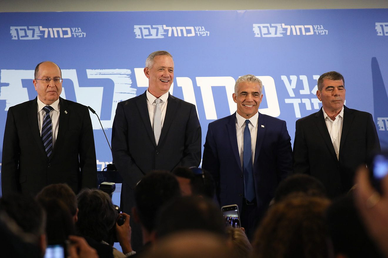 From left: Moshe Ya'alon, Benny Gantz, Gabi Ashkenazi and Yair Lapid of the Blue and White Party seen after a statement Tel Aviv on Feb. 21, 2019. Photo by Noam Revkin Fenton/Flash90.