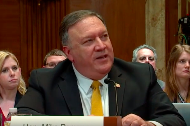 U.S. Secretary of State Mike Pompeo testifies in front of the Senate Foreign Relations Committee on April 9, 2019. Credit: Screenshot.