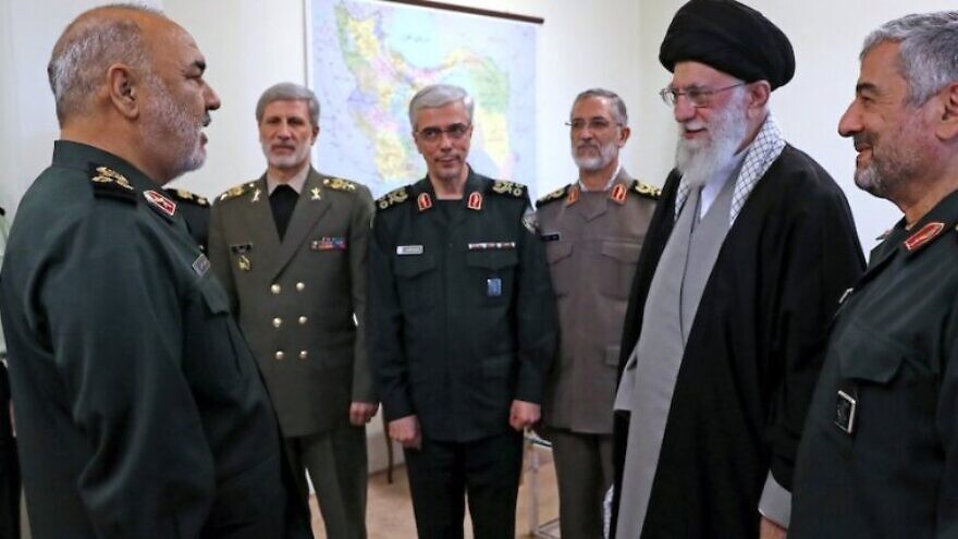 Iranian Supreme Leader Ayatollah Ali Khamenei (far right) promotes Hossein Salami (far left) to commander-in-chief of the Islamic Revolutionary Guard Corps on April 21, 2019, in the presence of Iran’s military and IRGC leadership. Source: Iran Press.