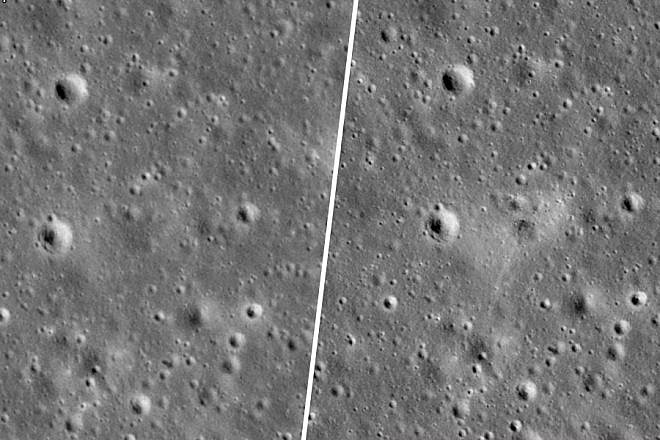 NASA released photos of the crash area by SpaceIL's “Beresheet” spacecraft, which failed to land on the moon, April 11, 2019. Credit: NASA/GSFC/Arizona State University.
