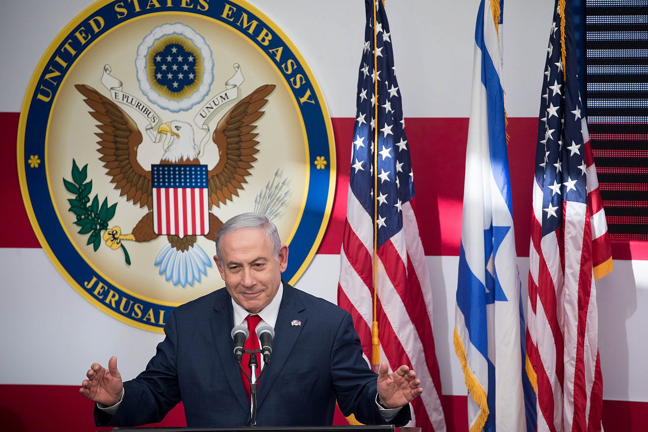Israeli Prime Minister Benjamin Netanyahu speaks at the official opening ceremony of the U.S. embassy in Jerusalem on May 14, 2018. Photo by Yonatan Sindel/Flash90.
