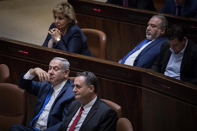Israel Beitenu leader Avigdor Liberman (top center) and Israeli Prime Minister Benjamin Netanyahu (bottom left), seen at the Israeli Knesset on November 19, 2018. Photo by Hadas Parush/Flash90.