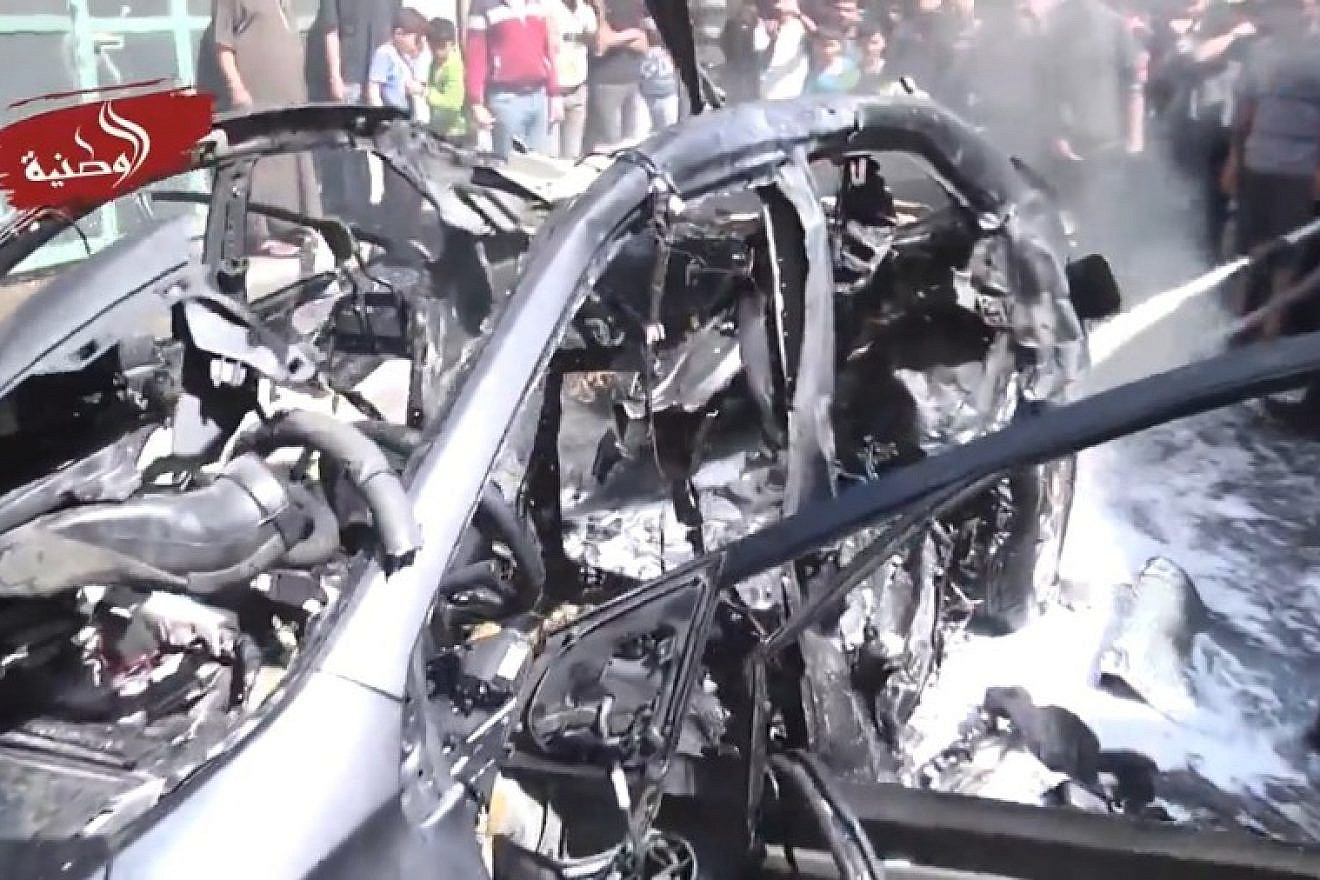 The bombed-out car of Hamed al-Khoudary, a Hamas operative responsible for transferring funds from Iran to Gaza. A missile killed him on May 5, 2019. Source: Screenshot.