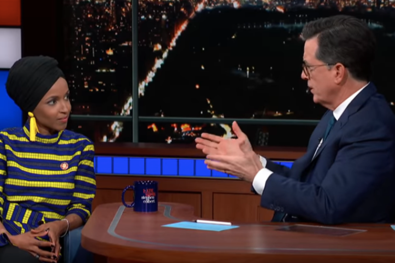 Rep. Ilhan Omar (D-Minn.) appearing on "The Late Show with Stephen Colbert." Credit: Screenshot.