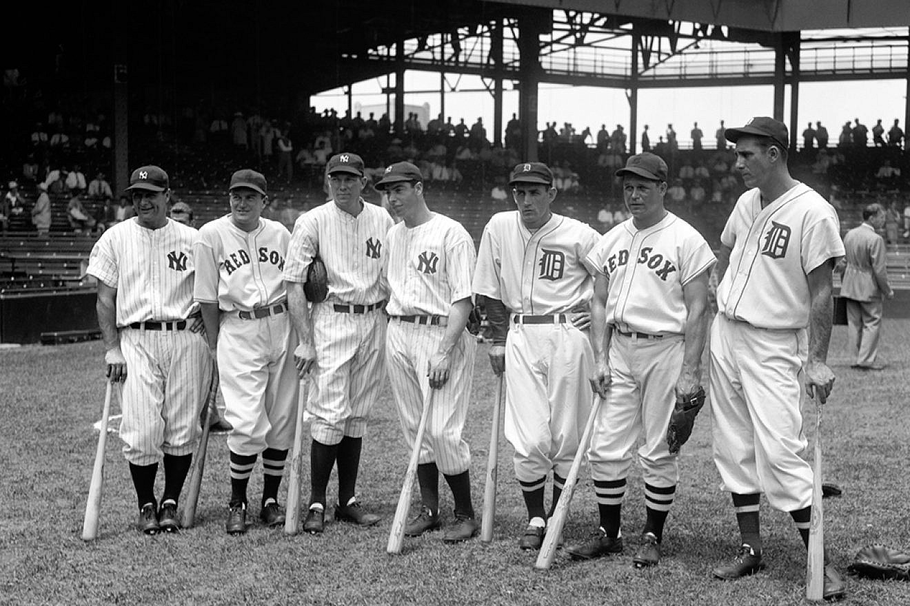 Seven of the American League's 1937 All-Star baseball players, from left: Lou Gehrig, Joe Cronin, Bill Dickey, Joe DiMaggio, Charlie Gehringer, Jimmie Foxx and Hank Greenberg. All seven would be elected to the Hall of Fame. Credit: Harris & Ewing via Wikimedia Commons.