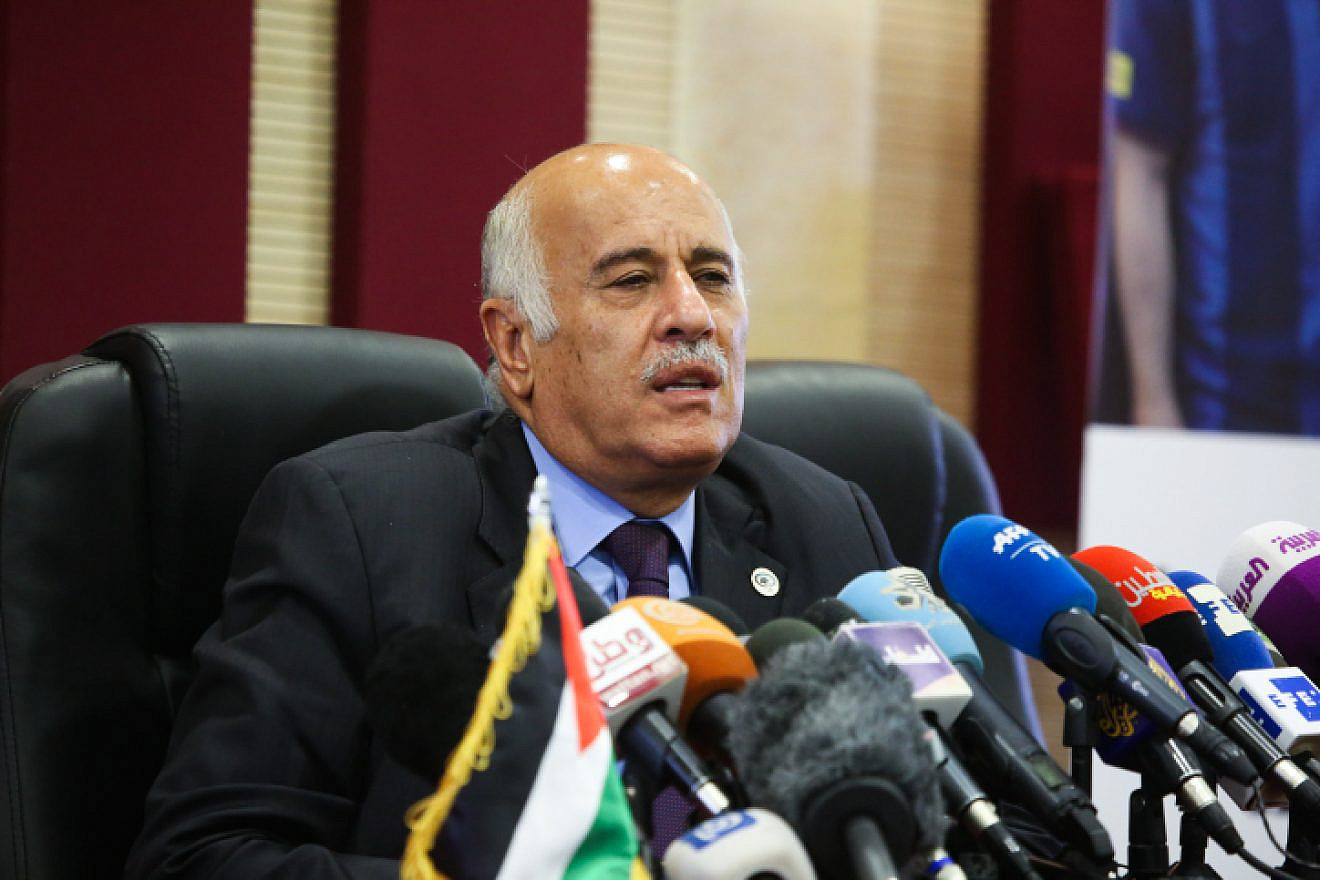 Fatah Central Committee secretary-general, Palestinian Football Association head and Palestine Olympic Committee chairman Jibril Rajoub at a press conference on the cancellation of the soccer match between Argentina and Israel, in Ramallah on June 6, 2018. Photo by Flash90.