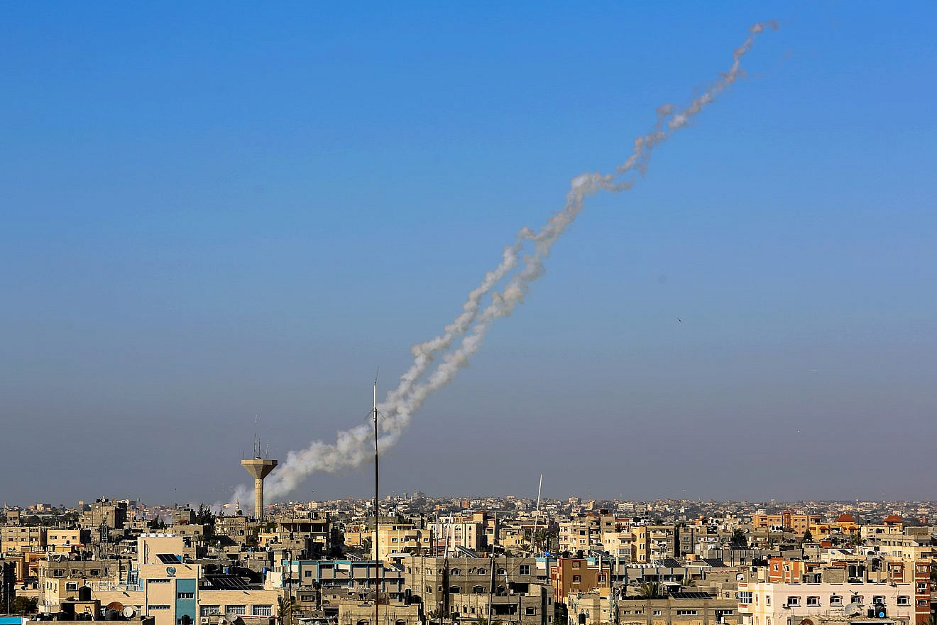 Smoke trails are seen as a rocket is launched from Rafah in the southern Gaza Strip to Israel on May 4, 2019. Credit: Abed Rahim Khatib/Flash90.