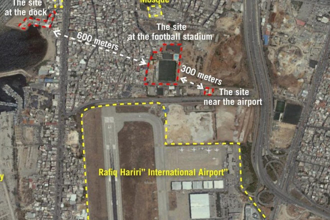 A satellite image released by the Israel Defense Forces on Sept. 27, 2018, showing three production sites near Beirut’s international airport used by Hezbollah to convert regular missiles into precision-guided missiles. Subsequently, the production plants were moved. Source: Israel Defense Forces.