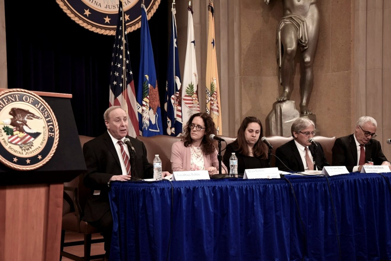 Alyza Lewin, president and general counsel of the Louis D. Brandeis Center for Human Rights Under Law, sits to the right of JNS editor in chief Jonathan S. Tobin as part of a panel of speakers at the U.S. Department of Justice Summit on Combating Anti-Semitism in Washington, D.C., July 15, 2019. Source: DOJ.