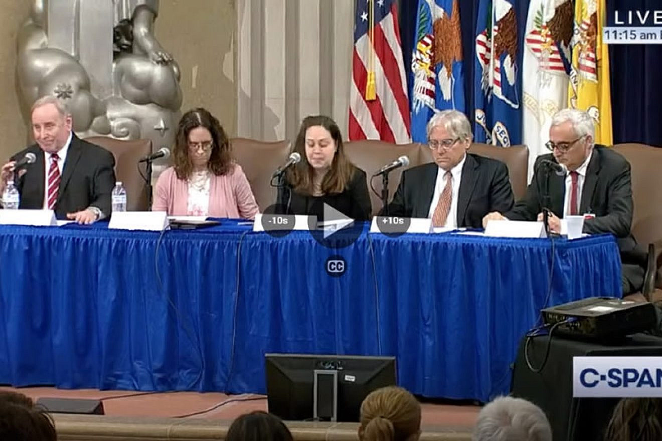 JNS editor in chief Jonathan S. Tobin (left) as part of a panel of speakers at the U.S. Department of Justice Summit on Combating Anti-Semitism in Washington, D.C., July 15, 2019. To his right is Alyza Lewin, president and general counsel of the Louis D. Brandeis Center for Human Rights Under Law. Source: Screenshot.