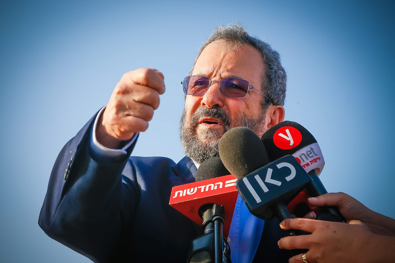 Ehud Barak, head of the Israel Democratic Party, gives a statement to the media during a visit to Ariel in the West Bank on July 16, 2019. Photo by Roy Alima/Flash90.