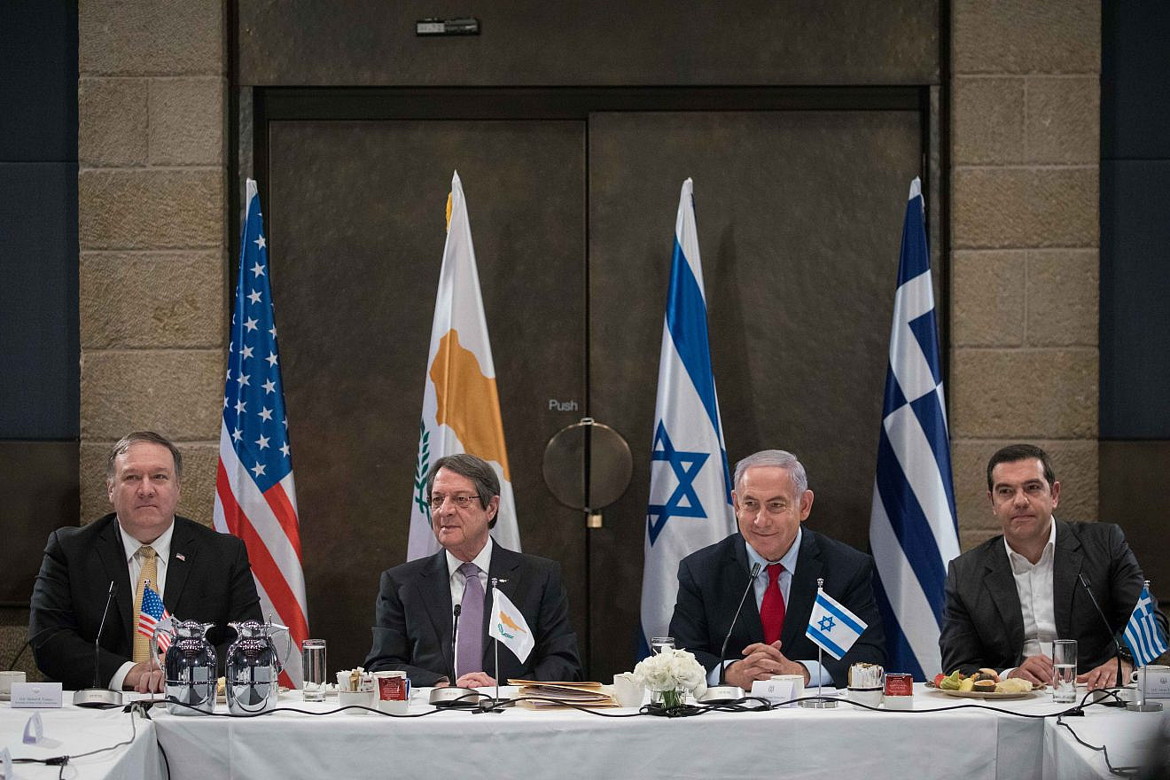 Israeli Prime Minister Benjamin Netanyahu holds a press conference with U.S. Secretary of State Michael Pompeo (left), President of Cyprus Nicos Anastasiades (second from left) and former Prime Minister of Greece Alexis Tsipras at the David Citadel Hotel in Jerusalem, on March 20, 2019. Credit: Noam Revkin Fenton/Flash90.