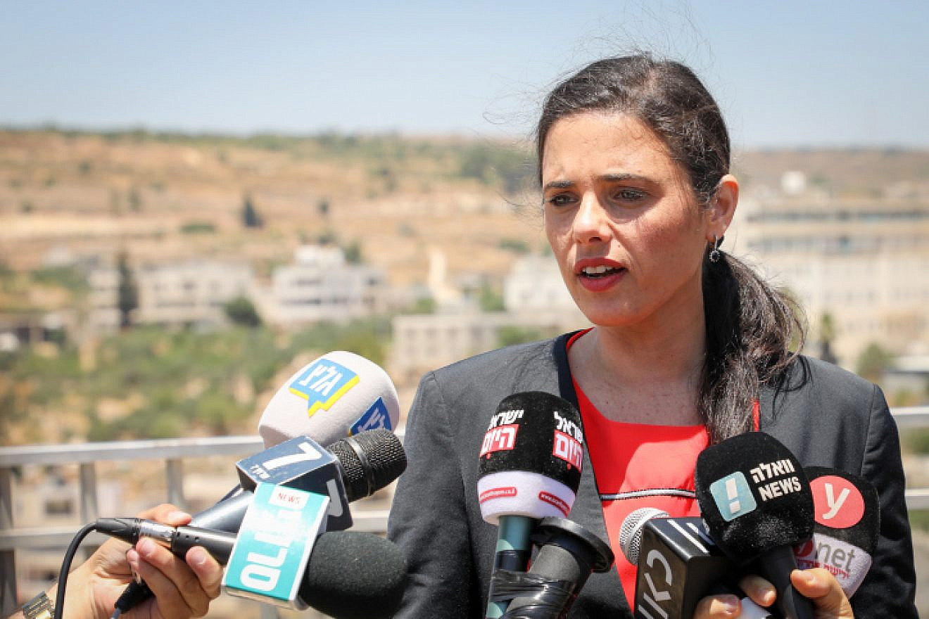 Yamina Party leader and former justice minister Ayelet Shaked speaks at a press conference in Efrat in the West Bank, July 22, 2019. Photo by Gershon Elinson/Flash90.