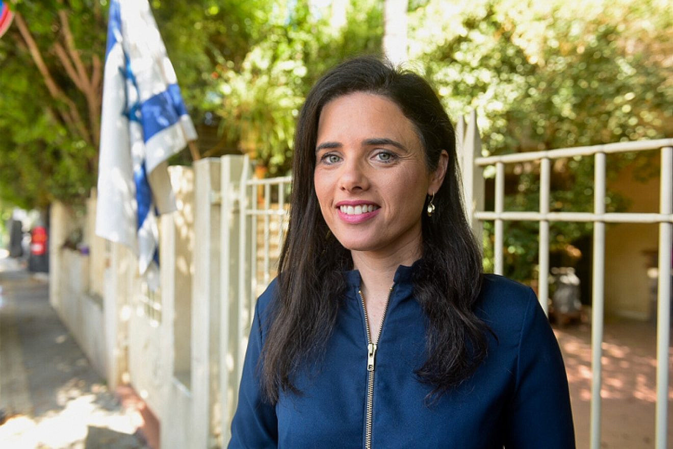 Ayelet Shaked, former Minister of Justice and currently head of the Union of Right Wing Parties, speaks during a press conference outside her home in Tel Aviv on July 25, 2019. Photo by Avshalom Shoshoni/Flash90.