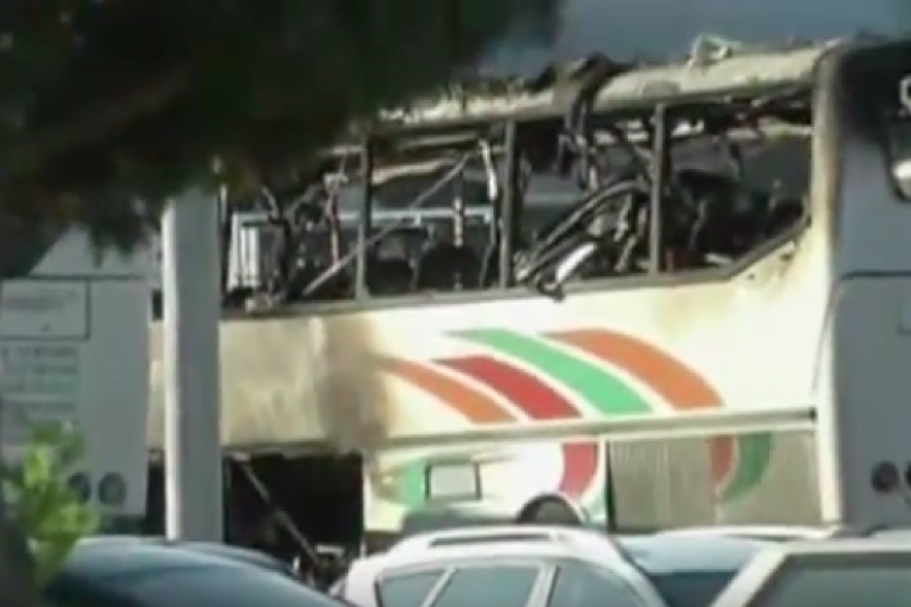 The bus after the attack in Burgas, Bulgaria, that killed five Israelis and their driver in 2012. Source: Screenshot.