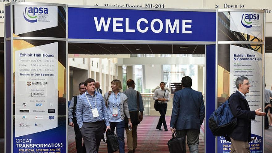 A banner welcoming people to the American Political Science Association's annual convention. At its 2019 meeting, a group of political theorists is expected to discuss a resolution to boycott Israeli academic institutions. Credit: APSA via Facebook.