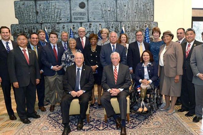 Democratic members of the U.S. House of Representatives in Israel with President Reuven Rivlin (seated, at left) next to House Majority Leader Steny Hoyer (D-Md.). Credit: Mark Neiman/GPO.