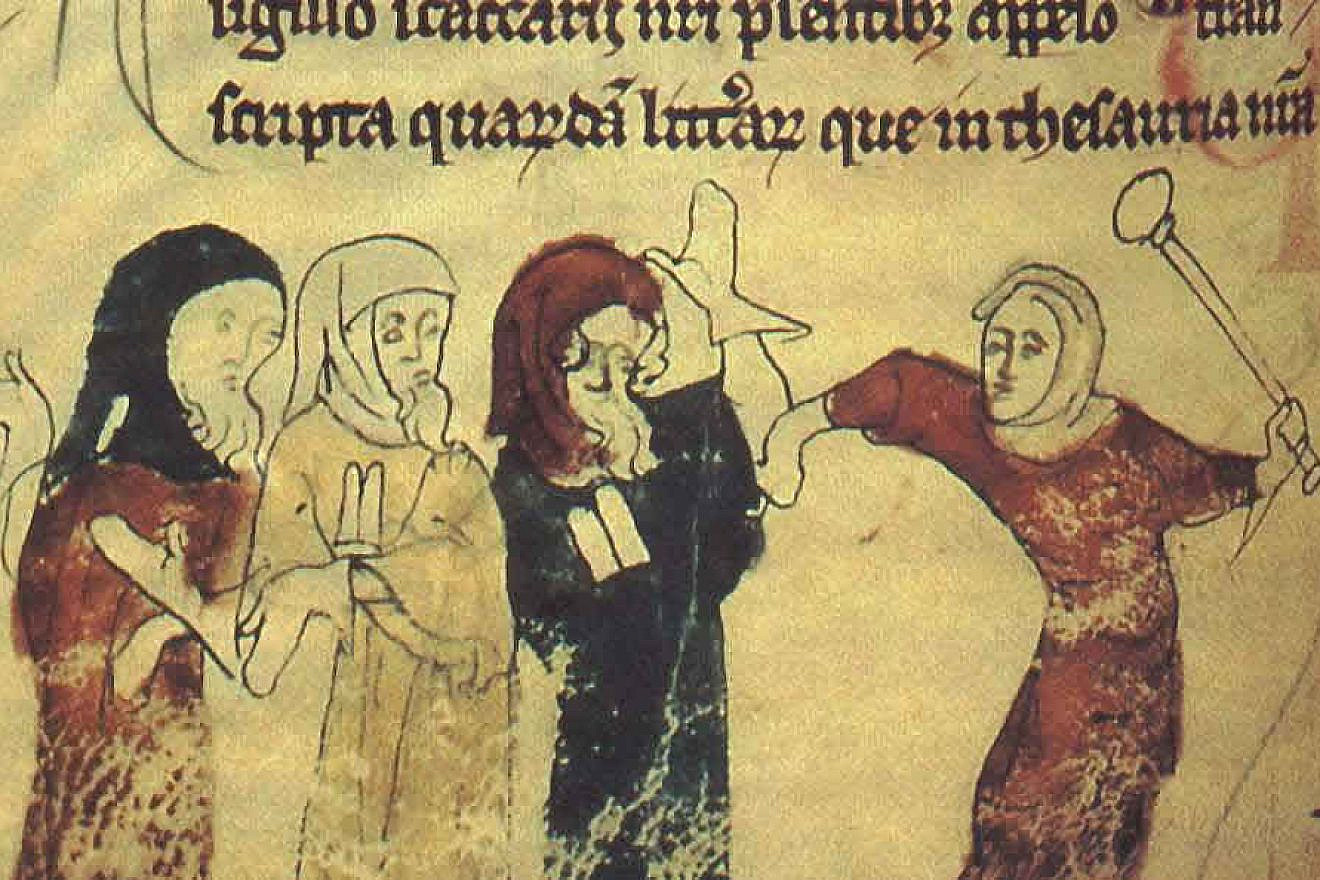Miniature showing the expulsion of Jews following the Edict of Expulsion by Edward I of England on July 18, 1290). The yellow badge that Jews were forced to wear can be seen in the illustration. Source: Scanned from “Four Gothic Kings,” Elizabeth Hallam, ed. via Wikimedia Commons.