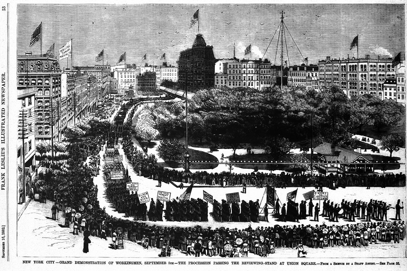 Illustration of the first American Labor parade held in New York City on Sept. 5, 1882, as it appeared in the Sept. 16, 1882 issue of “Frank Leslie's Weekly Illustrated Newspaper.” Source: “Frank Leslie's Weekly Illustrated Newspaper” via Wikimedia Commons.