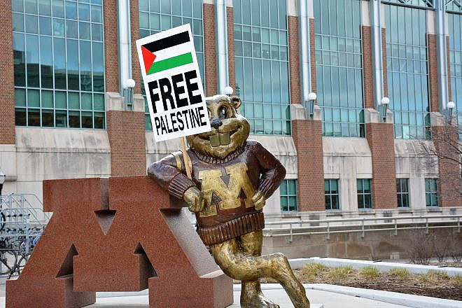 A “Free Palestine” sign on display with the University of Minnesota's gopher mascot that was erected by the school's Students for Justice in Palestine chapter. Credit: SJP via Facebook.