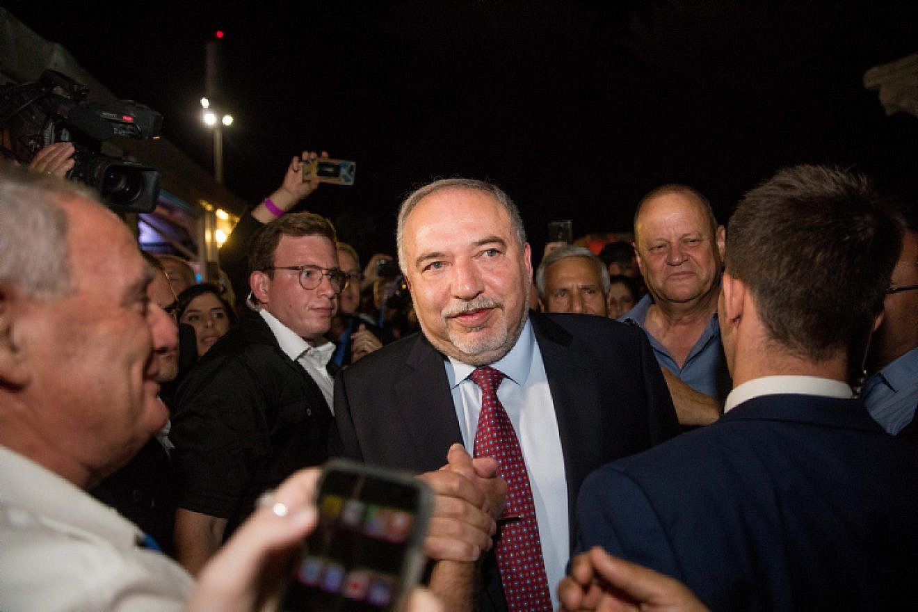 Yisrael Beiteinu Party leader Avigdor Lieberman at party headquarters in Jerusalem on election night, Sept. 17, 2019. Photo by Yonatan Sindel/Flash90.