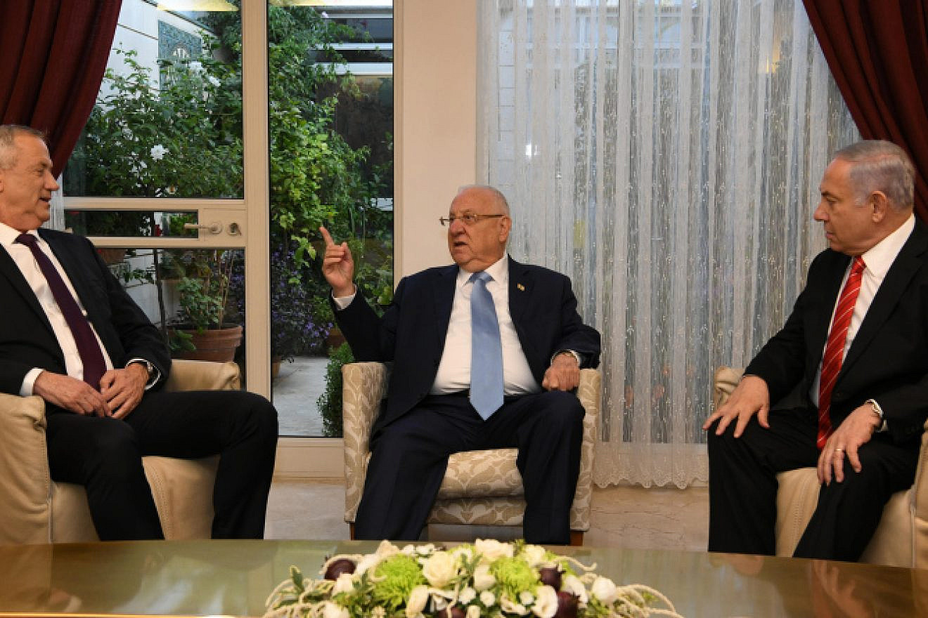 Israel's President Reuven Rivlin meets with Israeli Prime Minister Benjamin Netanyahu, and Blue and White Party leader Benny Gantz, at the President Residence in Jerusalem on Sept. 25, 2019. Photo by Amos Ben Gershom/GPO.