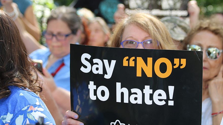 Holding a sign against anti-Semitism at a rally in New York City on Sept. 22, 2019. Photo by Rhonda Hodas Hack.
