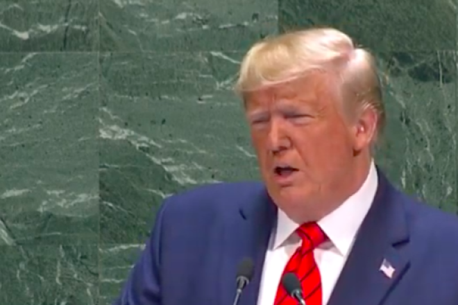 U.S. President Donald Trump addresses the annual U.N. General Assembly in New York on Sept. 24, 2019. Credit: Screenshot.