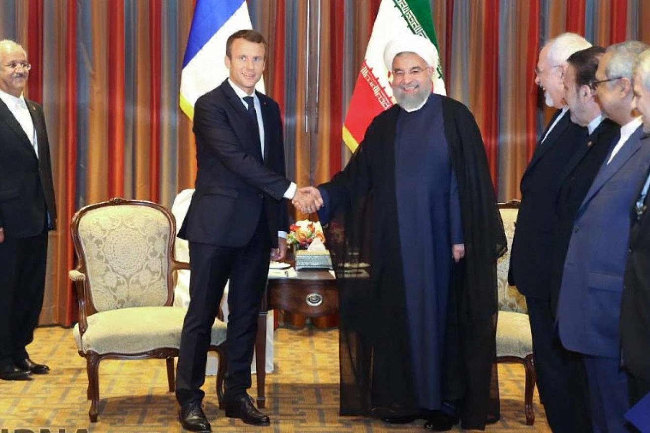 French President Emmanuel Macron with Iran’s President Hassan Rouhani before a meeting in New York on Sept. 18, 2017. Credit: Iran Press.