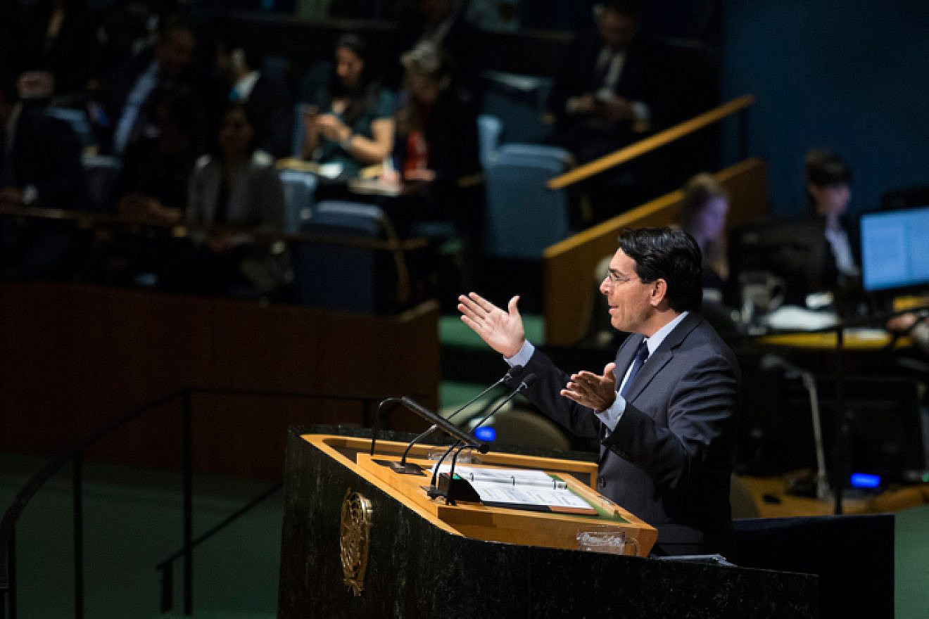 Israeli Ambassador to the United Nations Danny Danon speaks at an emergency U.N. General Assembly meeting in United Nations headquarters in New York City on Dec. 21, 2017. Photo by Amir Levy/Flash90.
