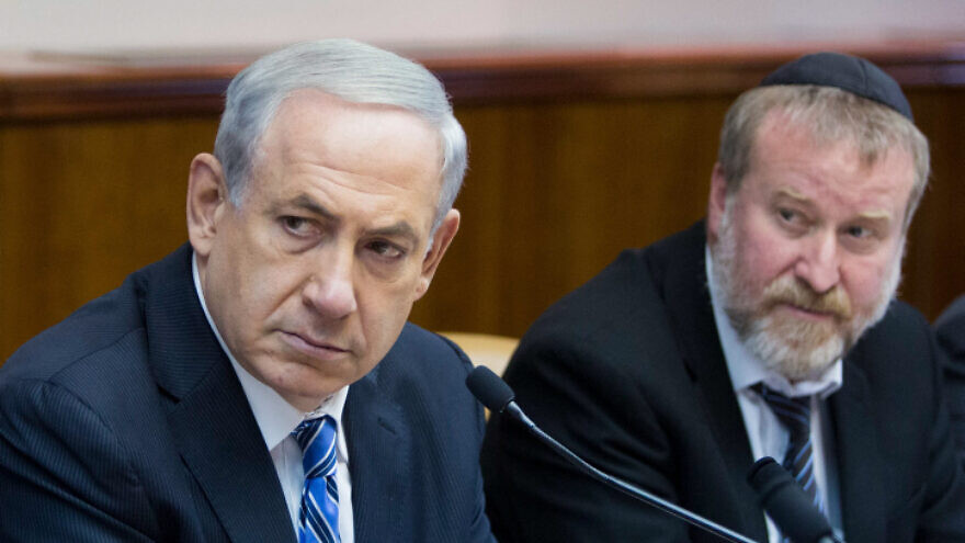 Israeli Prime Minister Binyamin Netanyahu and then-Cabinet secretary Avichai Mandelblit at the weekly Cabinet meeting at the Prime Minister's Office in Jerusalem on Feb. 2, 2014. Photo by Yonatan Sindel/Flash90.
