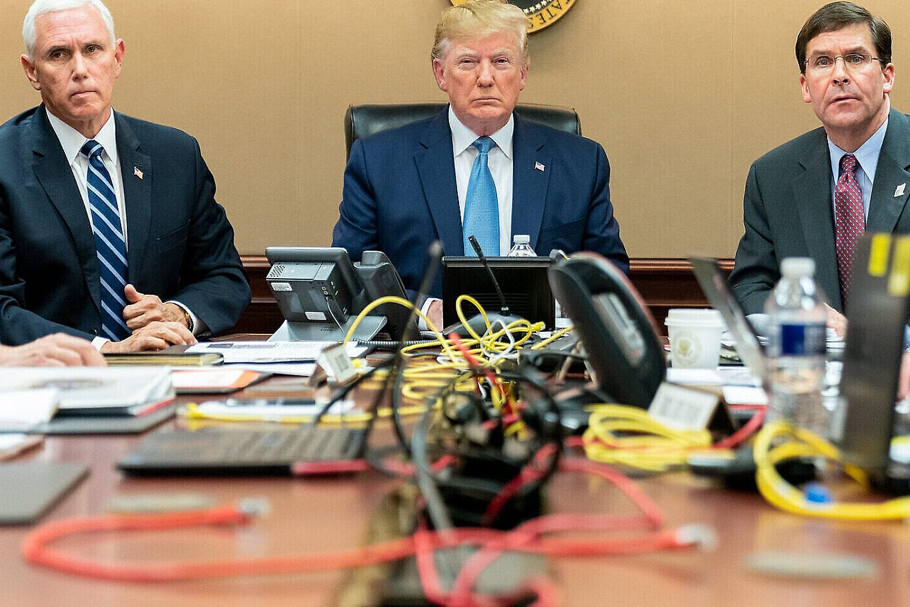 U.S. President Donald Trump is seen with Vice President Mike Pence and Secretary of Defense Mark Esper, Saturday, Oct. 26, 2019, in the White House Situation Room monitoring developments as U.S. Special Operations forces close in on notorious ISIS leader Abu Bakr al-Baghdadi’s compound in Syria with a mission to kill or capture the terrorist. Credit: Official White House Photo by Shealah Craighead.