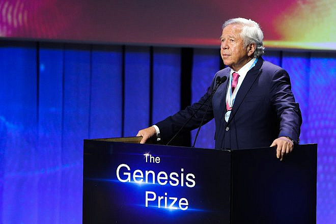 New England Patriots owner and Jewish philanthropist Robert Kraft, winner of the 2019 Genesis Prize, at the awards ceremony in Jerusalem, June 20, 2019. Photo by Flash90.