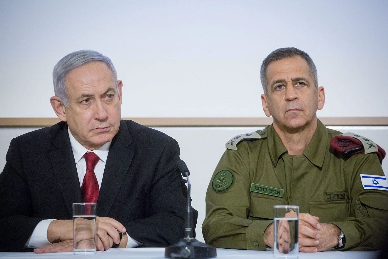 Then-Prime Minister Benjamin Netanyahu and IDF Chief of Staff Lt. Gen. Aviv Kochavi speak to reporters at the Kirya military headquarters in Tel Aviv, Nov. 12, 2019. Photo by Miriam Alster/Flash90.