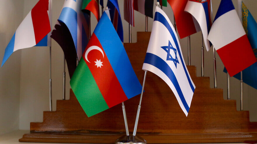 The Israeli and Azerbaijani flags at the Baku Summit of World Religious Leaders. Credit: Akos Nagy.