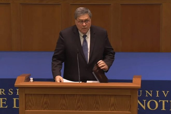 Attorney General William Barr at the University of Notre Dame on Oct. 21, 2019. Source: Screenshot.