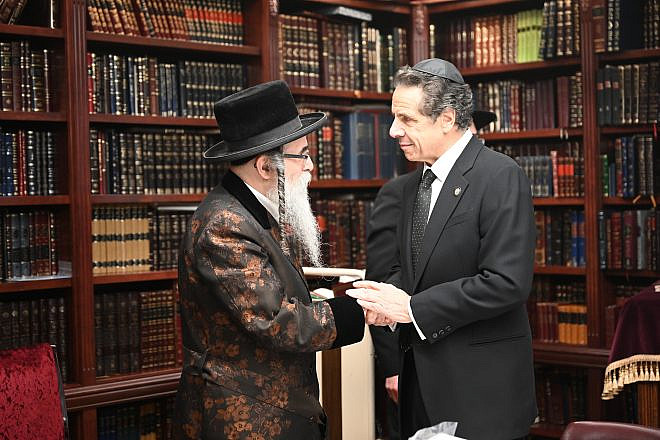New York Gov. Andrew Cuomo meets with Rabbi Chaim Rottenberg in Monsey, N.Y., after a stabbing attack at his home and shul on Dec. 28, 2019, the seventh night of Hanukkah. Source: Andrew Cuomo via Twitter.