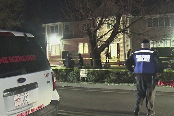 Police monitor the scene in the aftermath of a stabbing attack at the home of Rabbi Chaim Rottenberg in Monsey, N.Y., on Dec. 28, the seventh night of Hanukkah. Source: Screenshot.
