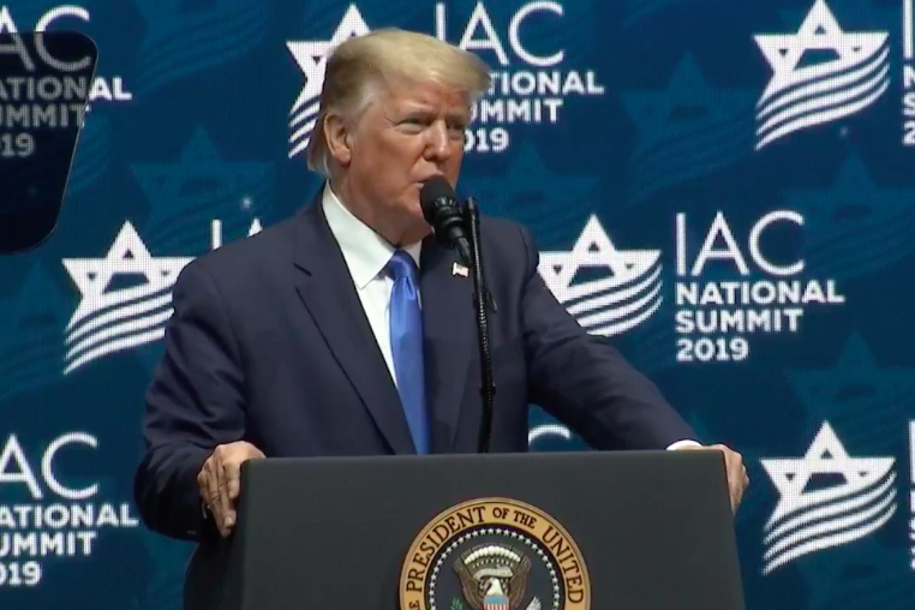 U.S. President Donald Trump addresses the Israeli-American Council Summit in Southeast Florida on Dec. 7, 2019. Source: Screenshot.