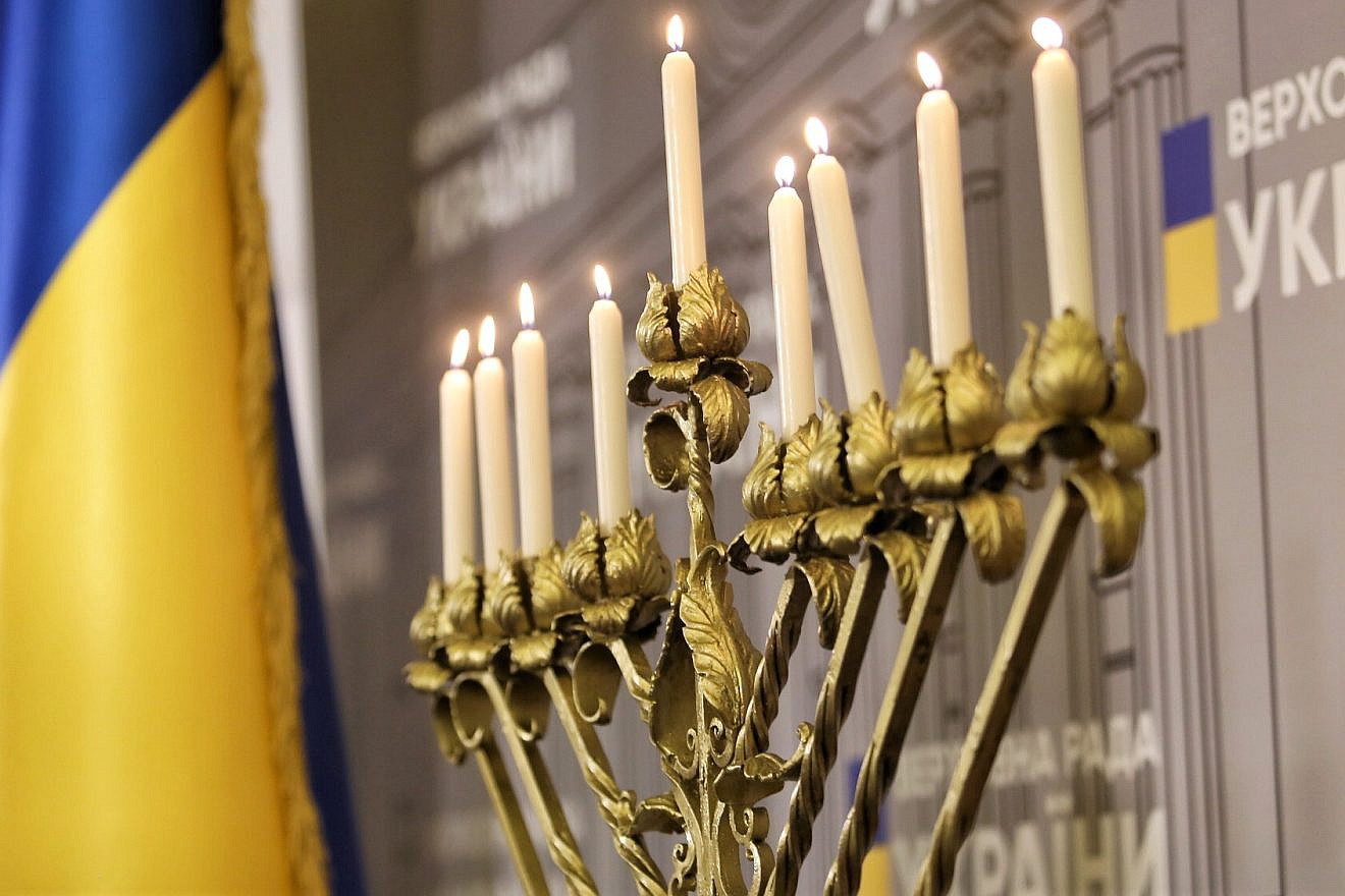 The menorah that was lit in the Verkhovna Rada (or Rada, the supreme council or parliament of Ukraine) in Ukraine’s capital of Kyiv, as part of a pre-Hanukkah candle-lighting ceremony on Dec. 20, 2019. Photo by Ian Dobronosov.