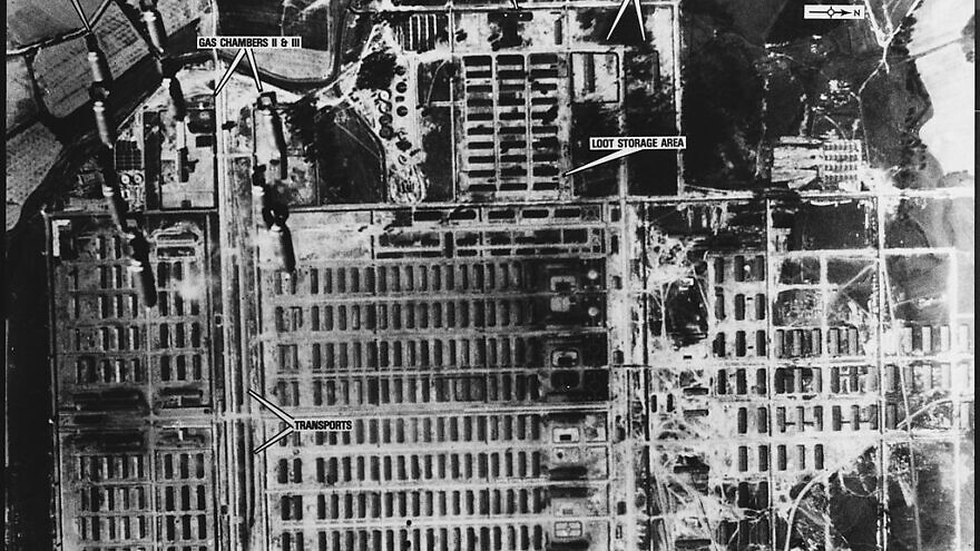 One of a series of aerial reconnaissance photos of the Auschwitz concentration camp taken between April 4, 1944 and Jan. 14, 1945, but not examined until the 1970s. Credit: Wikimedia Commons.