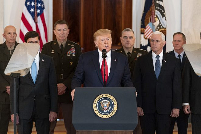 U.S. President Donald Trump, joined by Vice President Mike Pence, senior White House advisors and senior military personnel, delivers remarks during a national televised address on Jan. 8, 2020, from the Cross Hall of the White House, responding to the retaliatory missile strikes against U.S. military and coalition forces in Iraq the day before by the Islamic Republic of Iran. Photo by Shealah Craighead/White House.