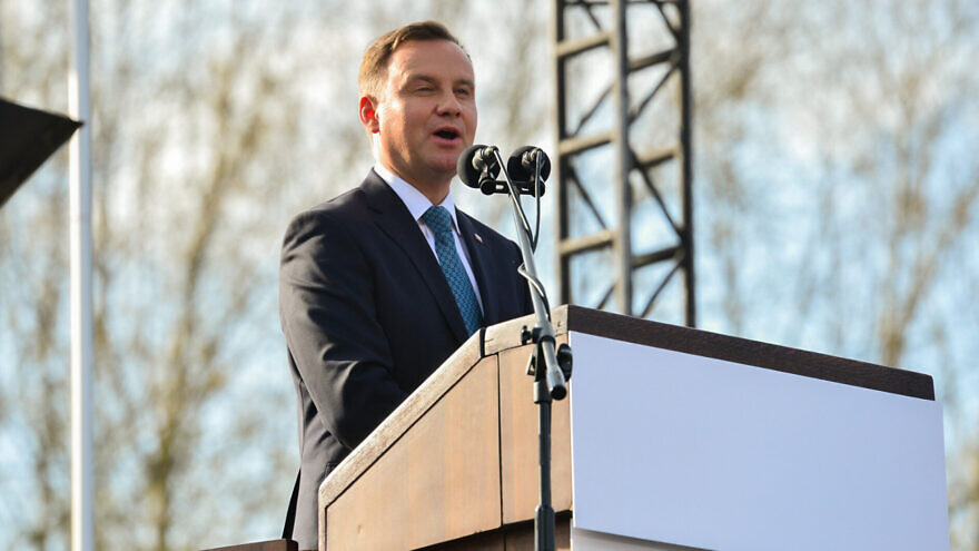 Polish President Andrzej Duda speaks during a ceremony in the March of the Living at the Auschwitz-Birkenau camp site in Poland, as Israel marks annual Holocaust Memorial Day, on April 12, 2018. Photo by Yossi Zeliger/Flash90.