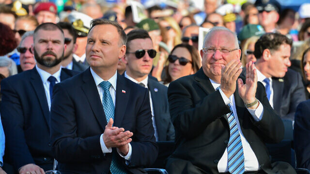 Polish President Andrzej Duda and former  Israeli President Reuven Rivlin attend a ceremony as part of the “March of the Living” program at Auschwitz-Birkenau in Poland as Israel marked annual Holocaust Memorial Day on April 12, 2018. Photo by Yossi Zeliger/Flash90.
