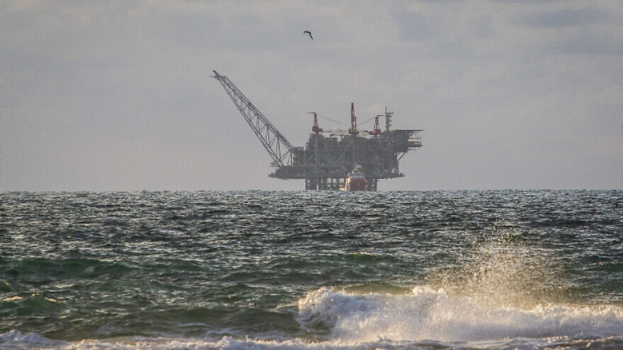 A view of the Israeli Leviathan gas field processing rig from Dor Habonim Beach Nature Reserve, Israel, on Jan. 1, 2020. Photo by Flash90.