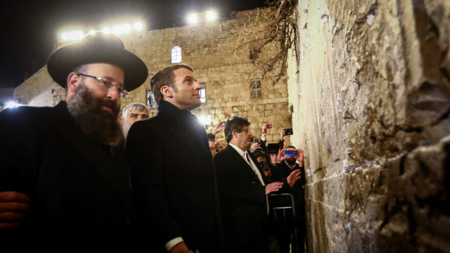French President Emmanuel Macron visits the Western Wall in Jerusalem's Old City on Jan. 22, 2020. Photo by Shlomi Cohen/Flash90.