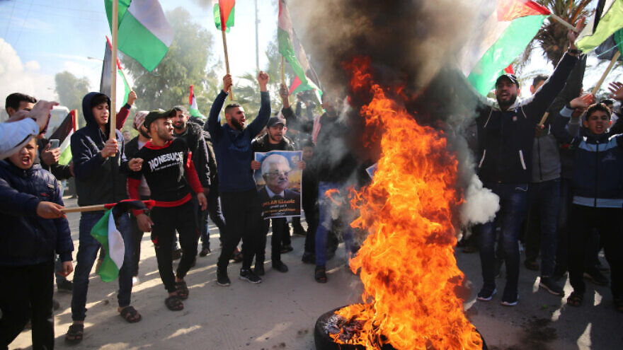 Palestinians protest against the U.S. Middle East peace plan, in Gaza City, Jan. 28, 2020. Photo by Ali Ahmed/Flash90.