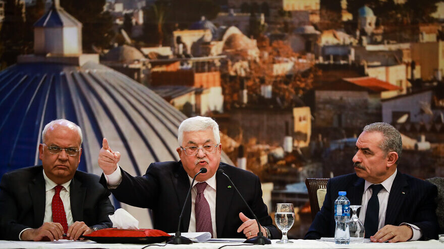 Palestinian Authority leader Mahmoud Abbas (center) delivers a speech on the new Middle East peace plan at P.A. headquarters in Ramallah, Jan. 28, 2020. Photo by Flash90.