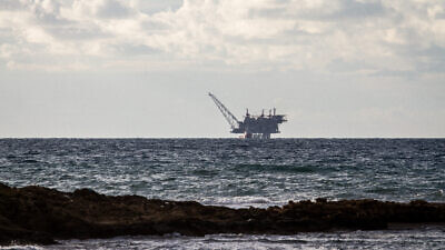 View of the Israeli Leviathan gas-processing rig as seen from Dor Habonim Beach Nature Reserve on Jan. 1, 2020. Photo by Flash90.